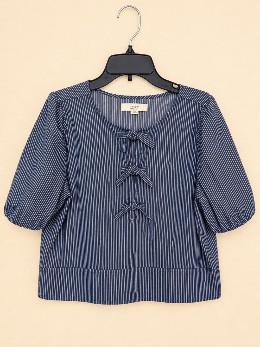 LOFT Navy and White Pinstripe Tie-Front Puff Sleeve Blouse